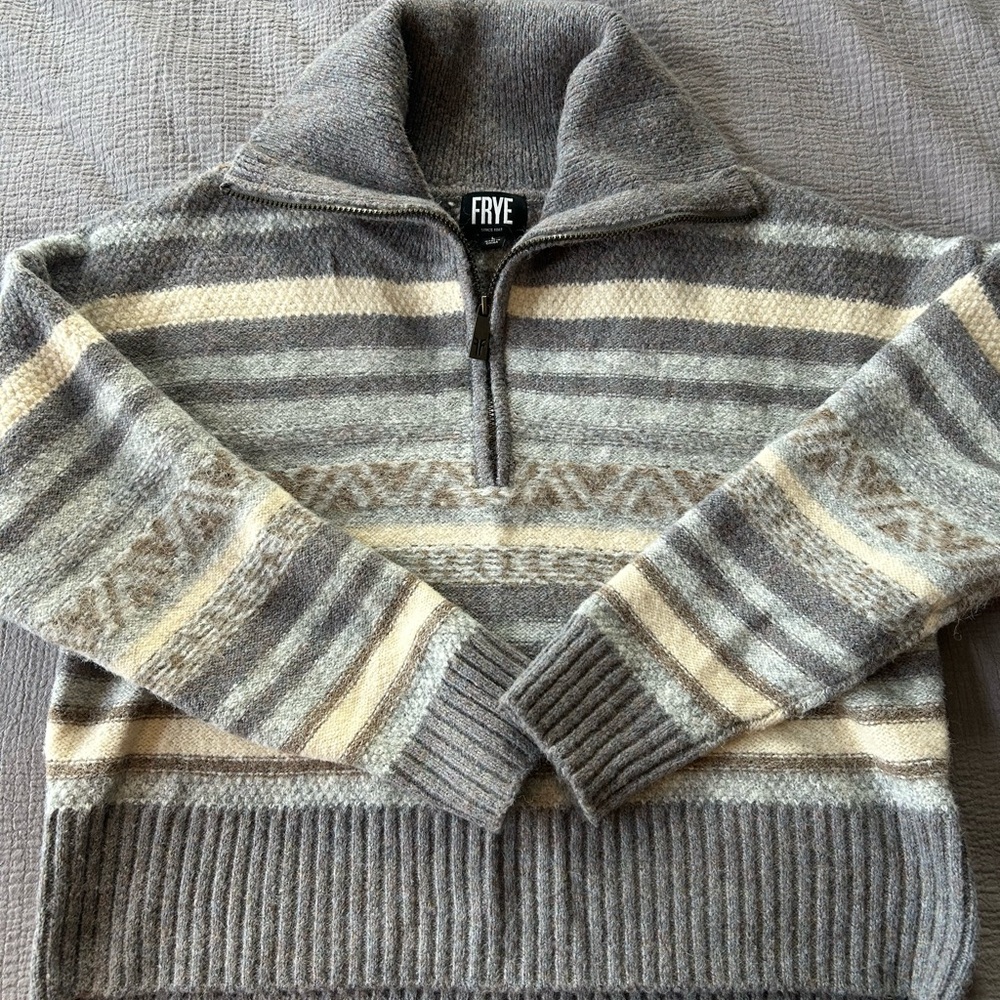Frye Women's Gray and Cream Striped Half Zip Sweater